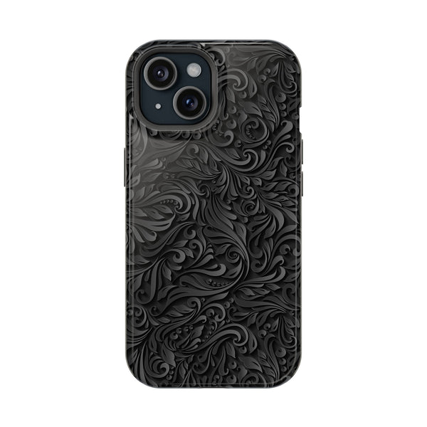 Elegant Black Floral Magnetic Tough Case for iPhone | Stylish Protection for Everyday Use Printify