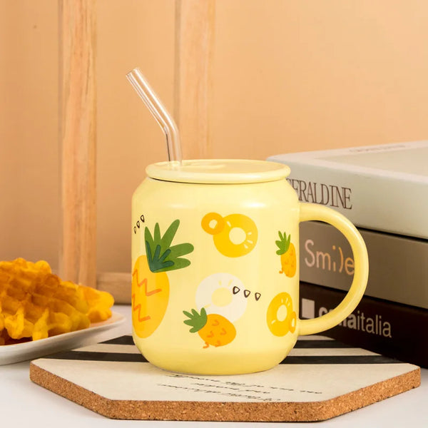 400ml Fruit Straw Cup Ceramic Beer Mug with Lid and Straw Small Portable Strawberry Pineapple Watermelon Glass Bottle My Addiction