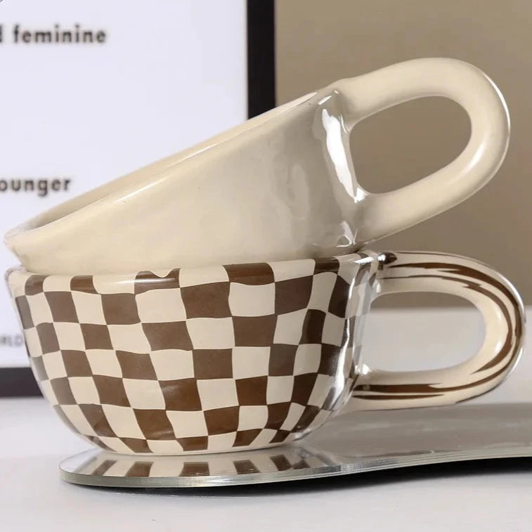 200ml 1pc Personalised retro niche Irregular checkerboard ceramic coffee cup personalized high-looking mugs My Addiction