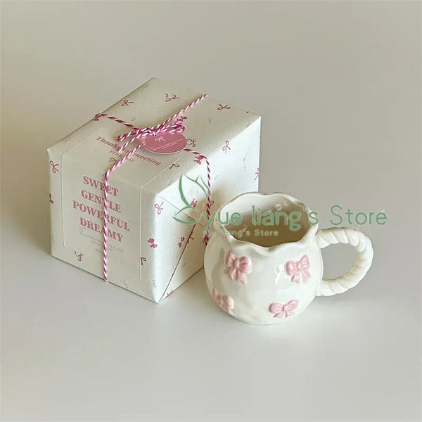 Handmade Irregular Mug, Pink Three-dimensional Bow Coffee Cup, Artistic Niche Mug Gift Ceramic Water Cup My Addiction