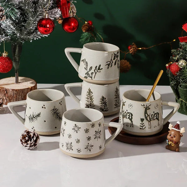 Christmas Gift Retro Ceramic Mug Heat-resistant handle Coffee Cup Elk Handmade Juice Milk Cup For Home Office Water Cup Tea cup My Addiction