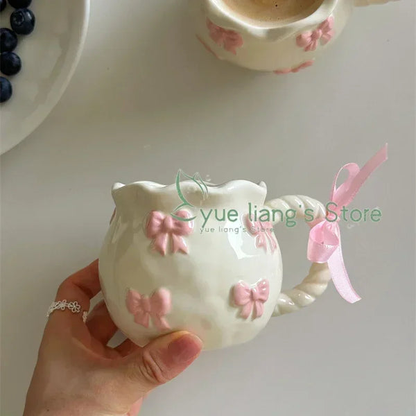 Handmade Irregular Mug, Pink Three-dimensional Bow Coffee Cup, Artistic Niche Mug Gift Ceramic Water Cup My Addiction