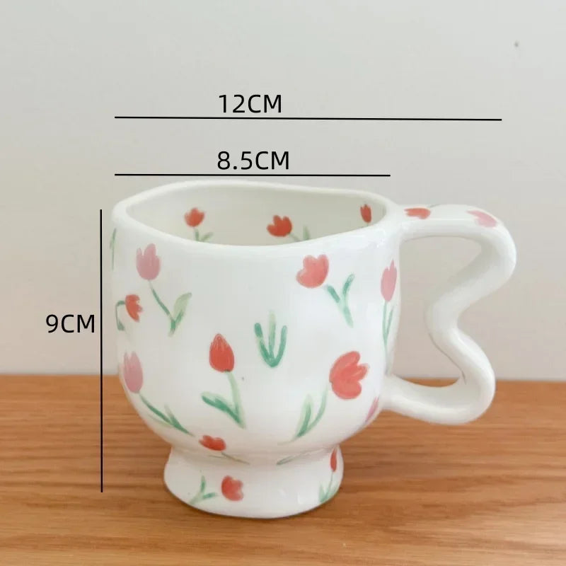 Floral Ceramic High Footed Mug Coffee Cup Hand Pinched Irregular Flower Milk Tea Cup Oatmeal Breakfast Mug Juice Cups Drinkware My Addiction