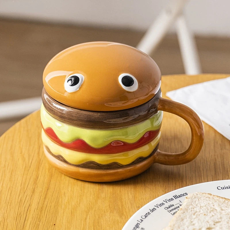 300ml Ceramic Cup Creative Hamburger Coffee Cup Cute Cartoon Children's Mug Breakfast Oatmeal Milk Cups with Lid Home Cups My Addiction