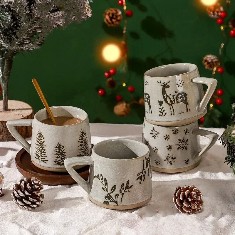 Christmas Gift Retro Ceramic Mug Heat-resistant handle Coffee Cup Elk Handmade Juice Milk Cup For Home Office Water Cup Tea cup My Addiction