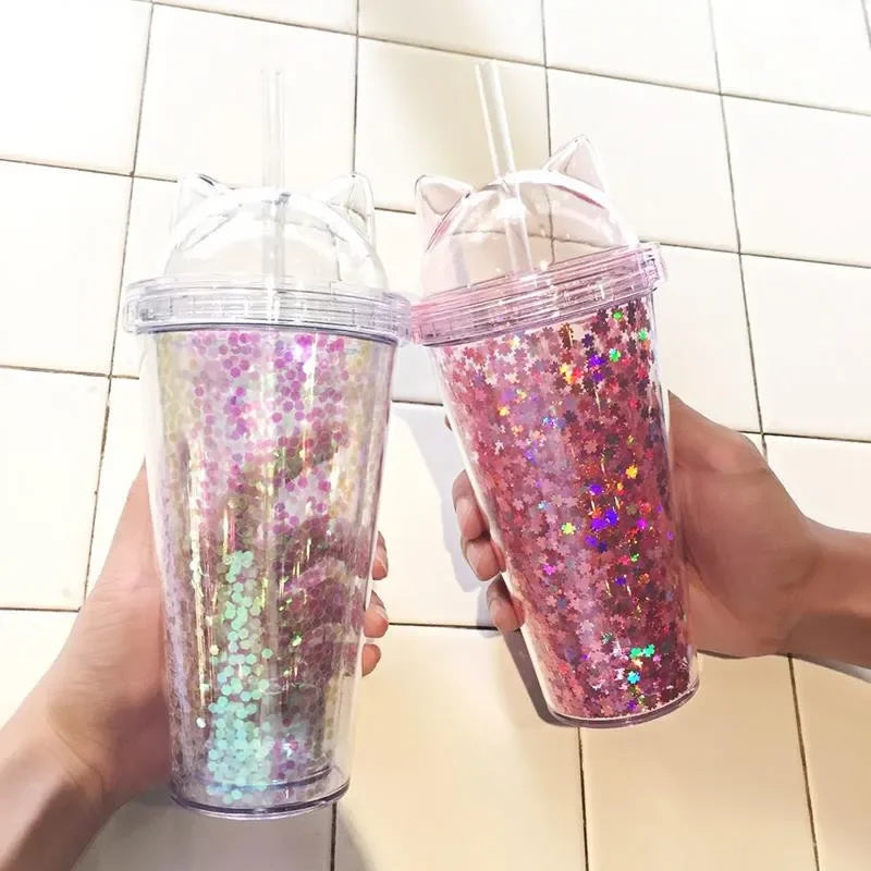 Cat Ear Glitter Water Tumbler With Straw