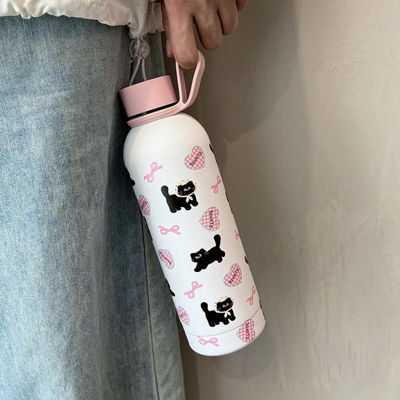 Cute Coffee Tumbler Stainless Steel Thermal Bottle Kawaii Cat Thermos Tea Cup Gift Girl Insulated Water Bottle With Handle 500ml My Addiction