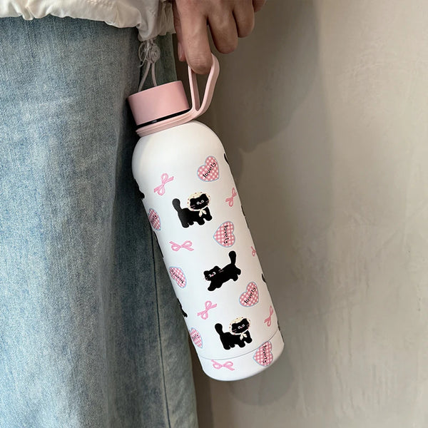 Cute Coffee Tumbler Stainless Steel Thermal Bottle Kawaii Cat Thermos Tea Cup Gift Girl Insulated Water Bottle With Handle 500ml My Addiction