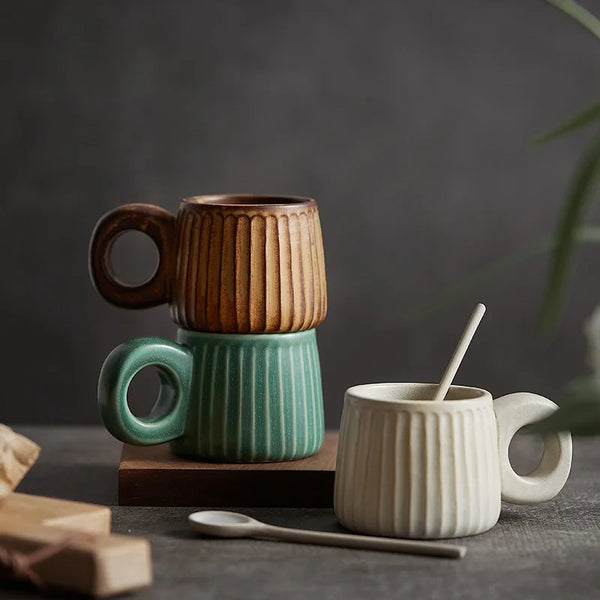 250ml Nordic Handmade Cup Ring Handle Ceramic Mugs Retro Rough Pottery Coffee Cup Water Tea Cup Pull Flower Latte Breakfast Cups My Addiction