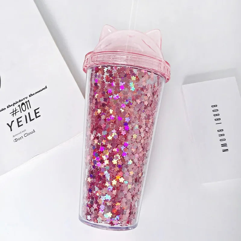 Cat Ear Glitter Water Tumbler With Straw