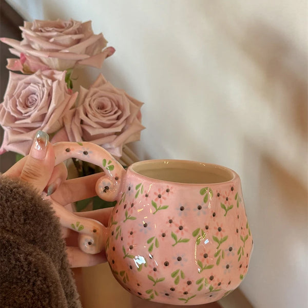 AhunderJiaz-Gentle Pink Floral Ceramic Mugs, Water Cups, Light Luxury Coffee Cup, Household Drinking Utensils, Home Decorations My Addiction