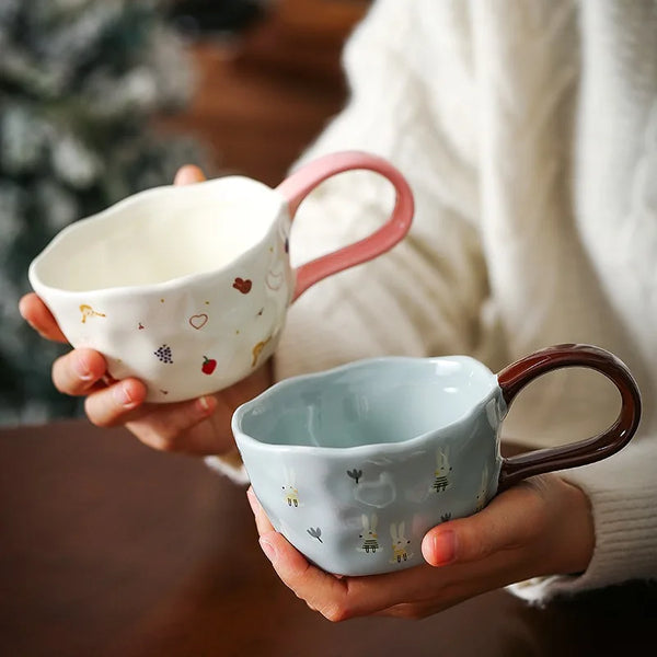 Cute Little Bear Rabbit Ceramic Mugs Hand Pinched Irregular Coffee Cups Milk Cup for Kids Breakfast Oatmeal Cup Creative gift My Addiction