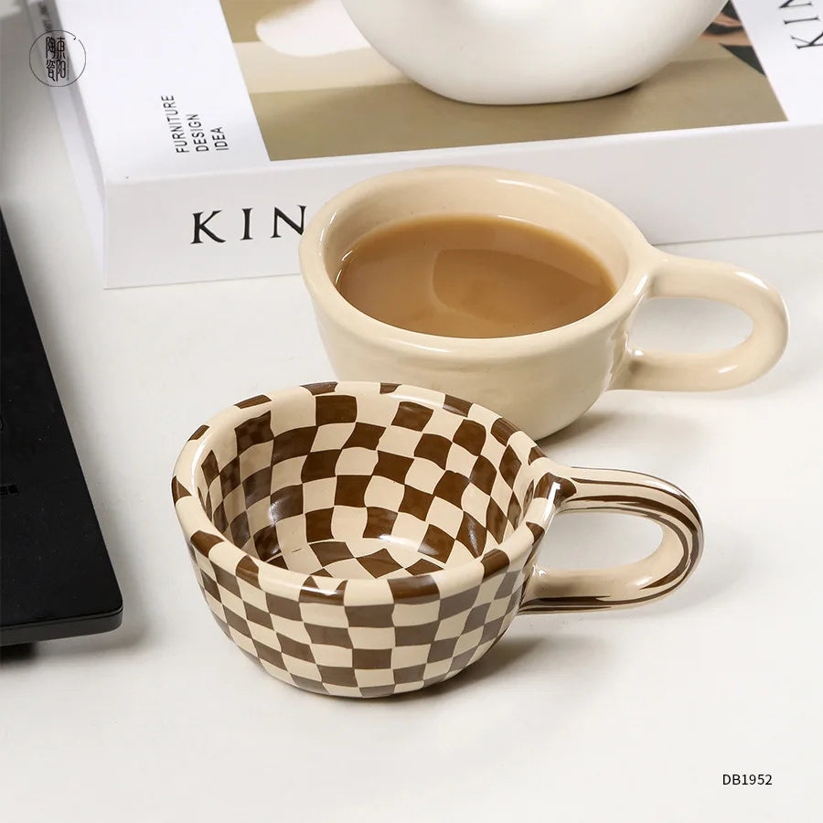 200ml 1pc Personalised retro niche Irregular checkerboard ceramic coffee cup personalized high-looking mugs My Addiction