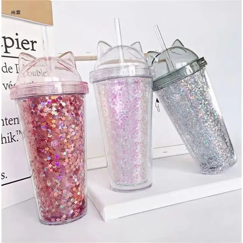 Cat Ear Glitter Water Tumbler With Straw