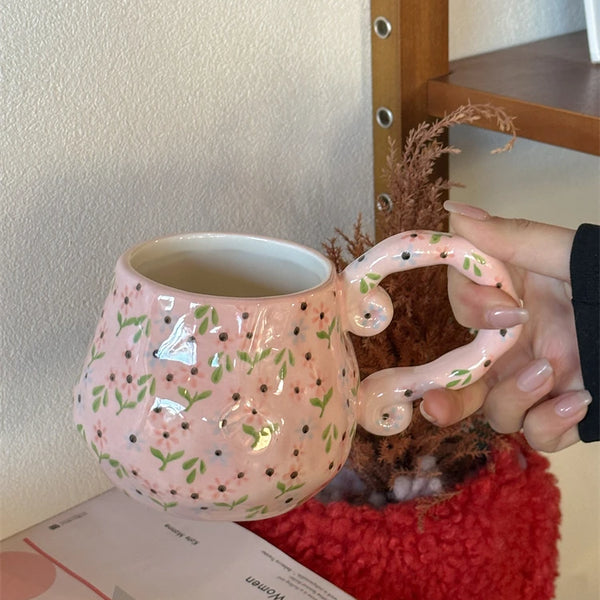 AhunderJiaz-Gentle Pink Floral Ceramic Mugs, Water Cups, Light Luxury Coffee Cup, Household Drinking Utensils, Home Decorations My Addiction