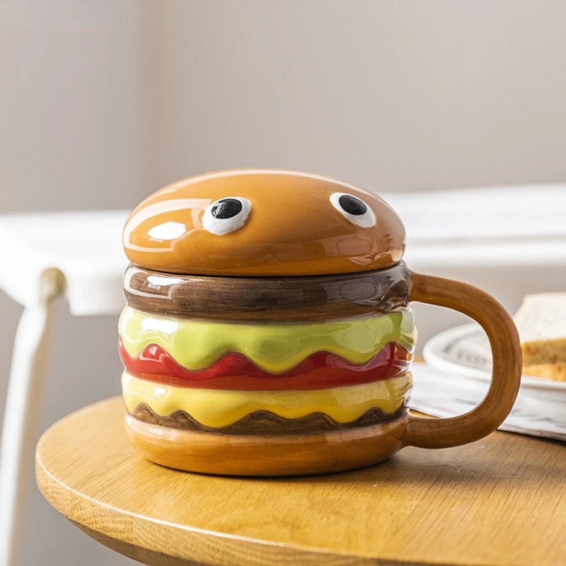 300ml Ceramic Cup Creative Hamburger Coffee Cup Cute Cartoon Children's Mug Breakfast Oatmeal Milk Cups with Lid Home Cups My Addiction