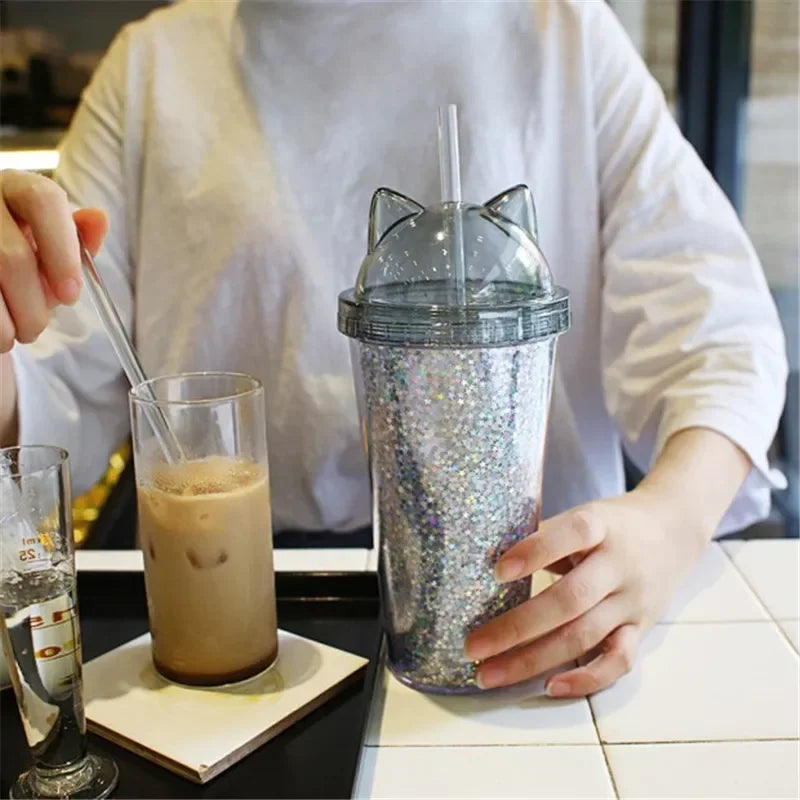 Cat Ear Glitter Water Tumbler With Straw