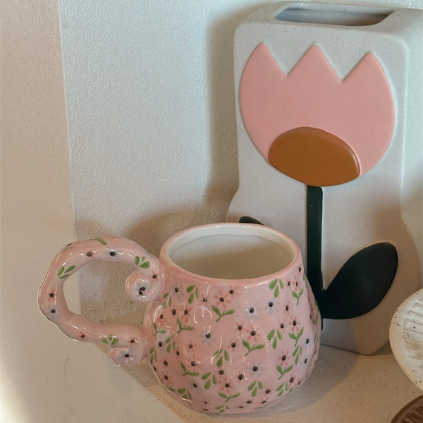 AhunderJiaz-Gentle Pink Floral Ceramic Mugs, Water Cups, Light Luxury Coffee Cup, Household Drinking Utensils, Home Decorations My Addiction