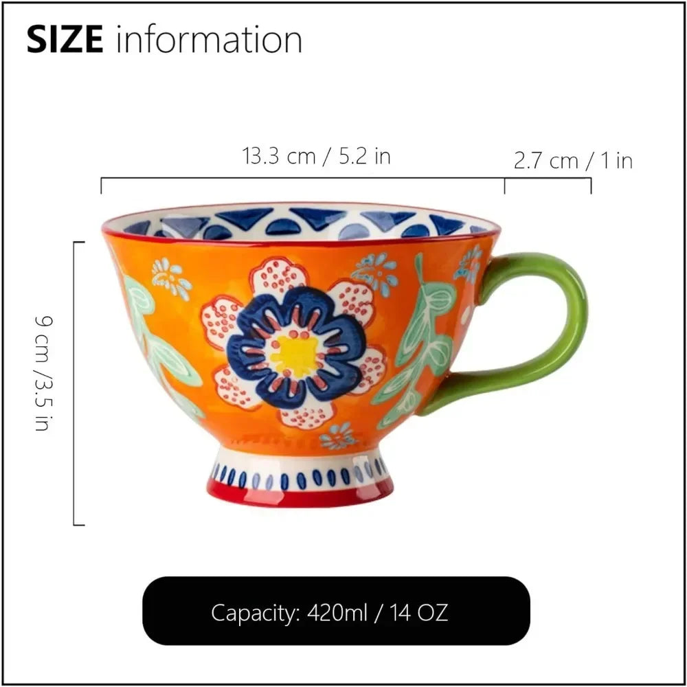 420ml Ceramic Cup Hand Painted Floral Pattern Retro Creative Coffee Mug for Latte Water Restaurant Office Gift for Family Friend My Addiction