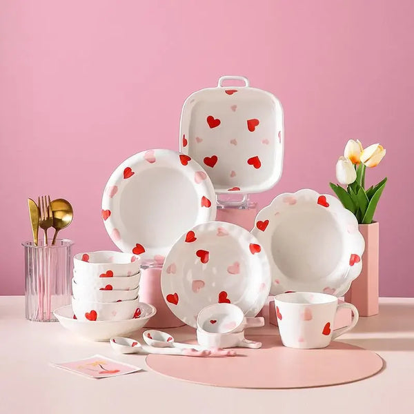 Pink romantic heart-shaped printing ceramic tableware Korean small noodle bowl soup bowl Mug baking plate Dim sum plate My Addiction