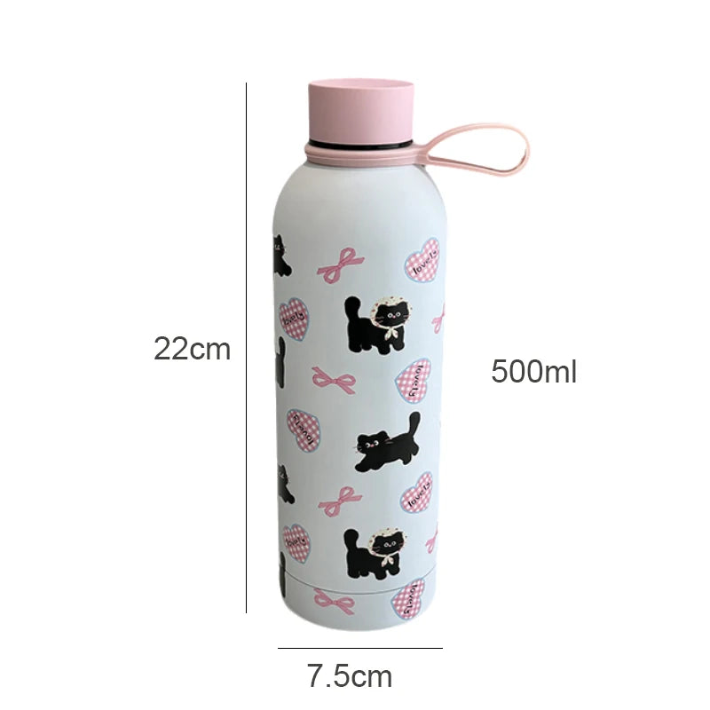 Cute Coffee Tumbler Stainless Steel Thermal Bottle Kawaii Cat Thermos Tea Cup Gift Girl Insulated Water Bottle With Handle 500ml My Addiction