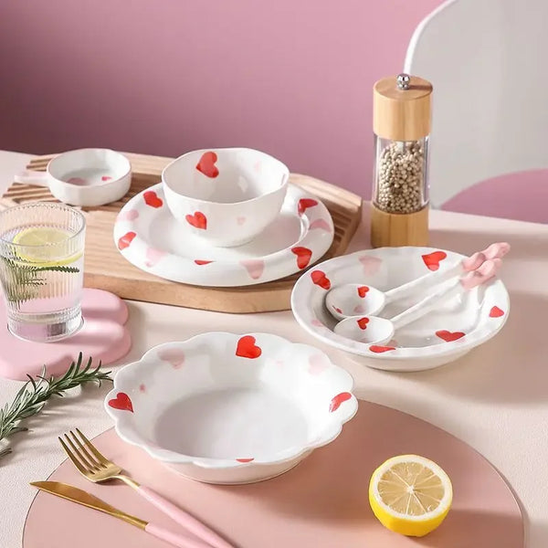 Pink romantic heart-shaped printing ceramic tableware Korean small noodle bowl soup bowl Mug baking plate Dim sum plate My Addiction