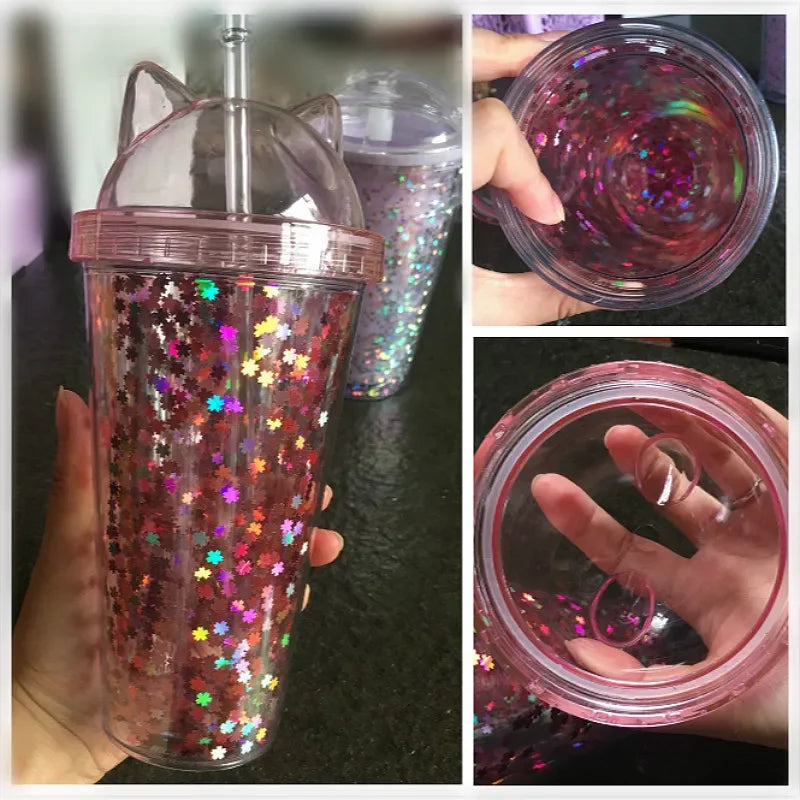 Cat Ear Glitter Water Tumbler With Straw