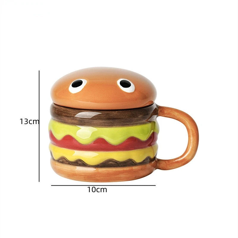 300ml Ceramic Cup Creative Hamburger Coffee Cup Cute Cartoon Children's Mug Breakfast Oatmeal Milk Cups with Lid Home Cups My Addiction