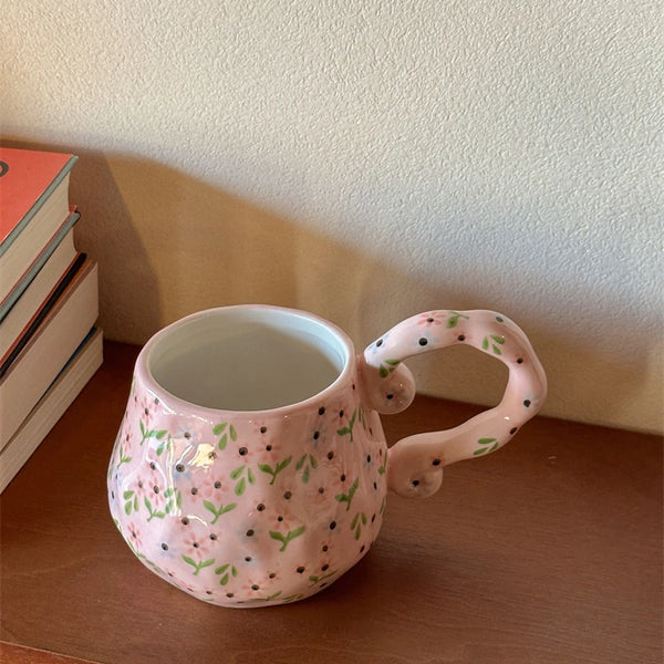 AhunderJiaz-Gentle Pink Floral Ceramic Mugs, Water Cups, Light Luxury Coffee Cup, Household Drinking Utensils, Home Decorations My Addiction