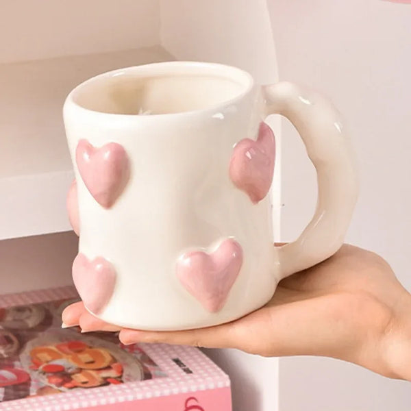 AhunderJiaz Cute Heart Pink Ceramic Mug Home Coffee Cups Set Kitchen Drinkware Set Birthday Gift Home Decoration My Addiction