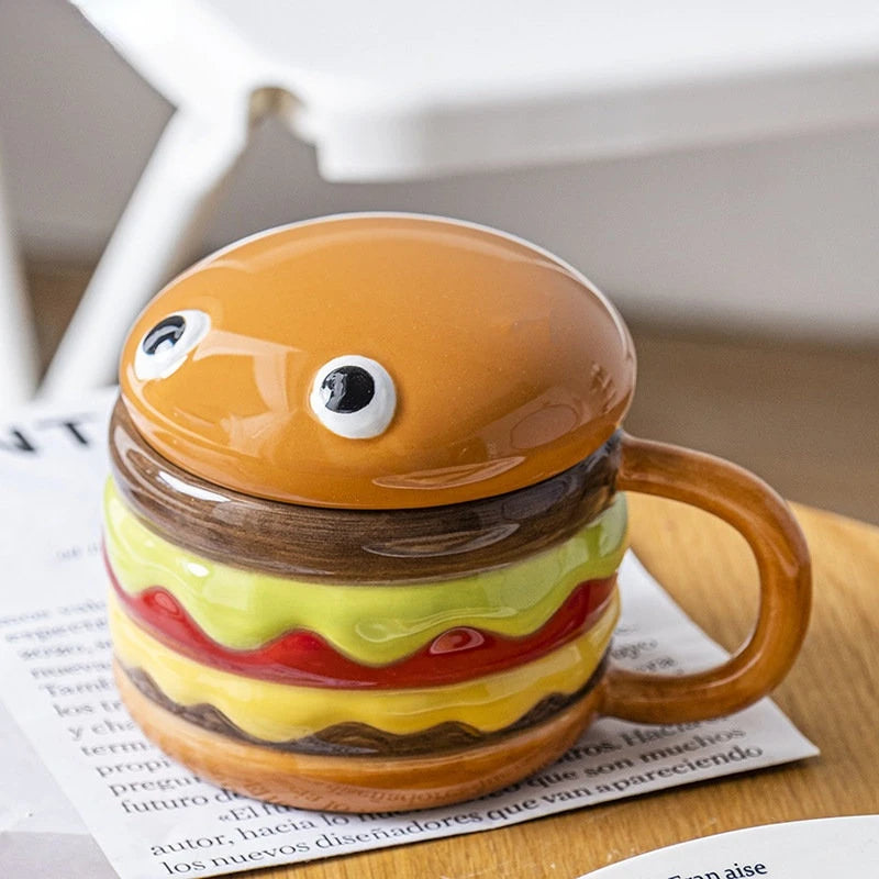 300ml Ceramic Cup Creative Hamburger Coffee Cup Cute Cartoon Children's Mug Breakfast Oatmeal Milk Cups with Lid Home Cups My Addiction