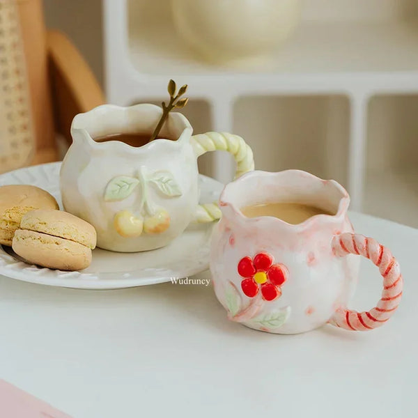 Relief Hand-painted Embossed Pink Flower Mug, High-value Girl's Heart, Cute Coffee Cup, Ceramic Mug, Tea Gift, Water Cups My Addiction