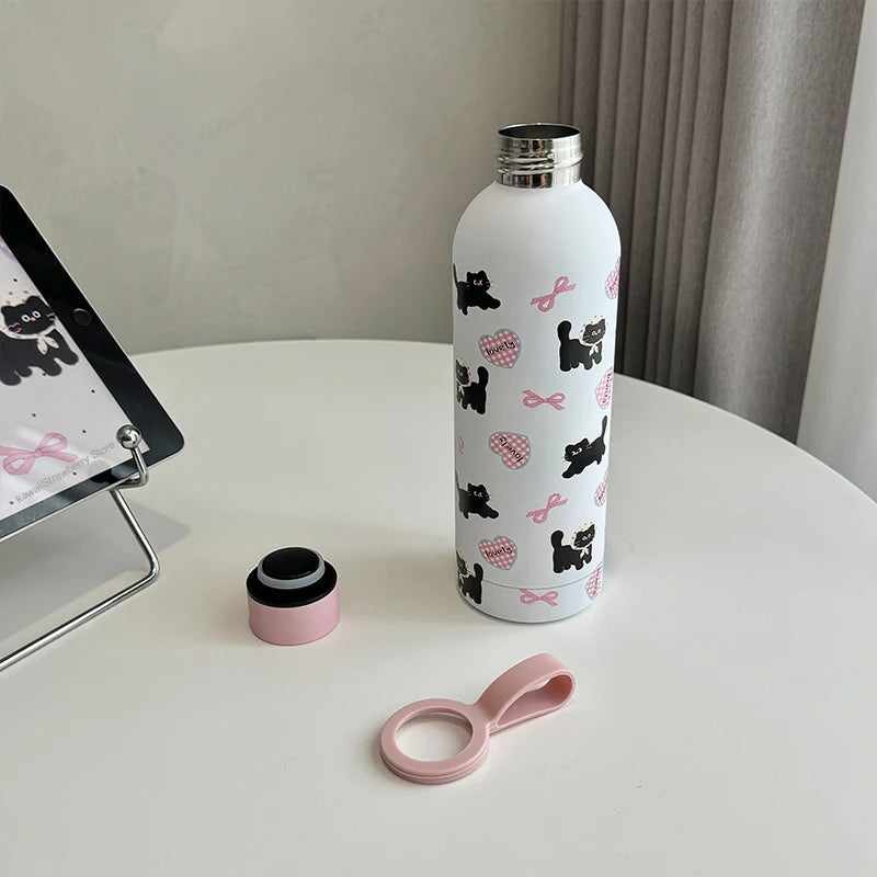 Cute Coffee Tumbler Stainless Steel Thermal Bottle Kawaii Cat Thermos Tea Cup Gift Girl Insulated Water Bottle With Handle 500ml My Addiction