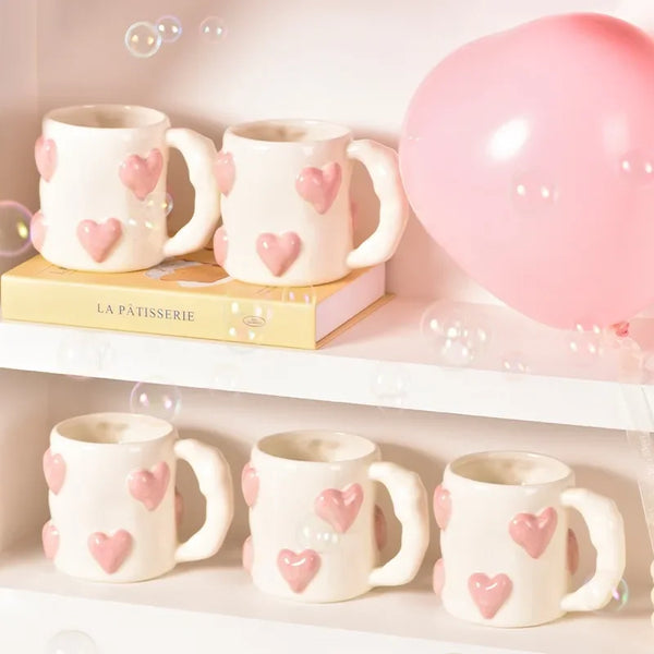 AhunderJiaz Cute Heart Pink Ceramic Mug Home Coffee Cups Set Kitchen Drinkware Set Birthday Gift Home Decoration My Addiction