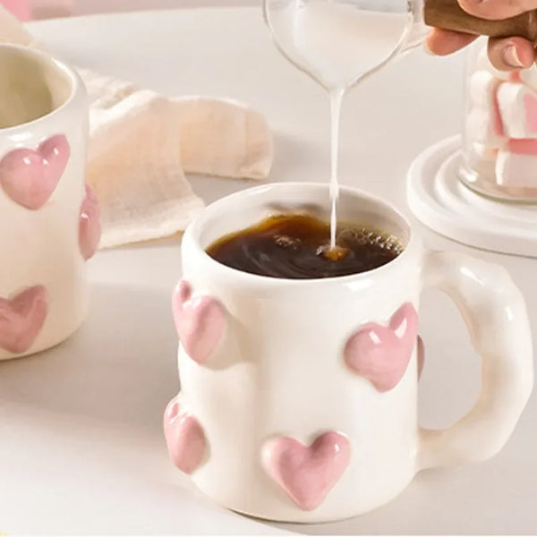 AhunderJiaz Cute Heart Pink Ceramic Mug Home Coffee Cups Set Kitchen Drinkware Set Birthday Gift Home Decoration My Addiction