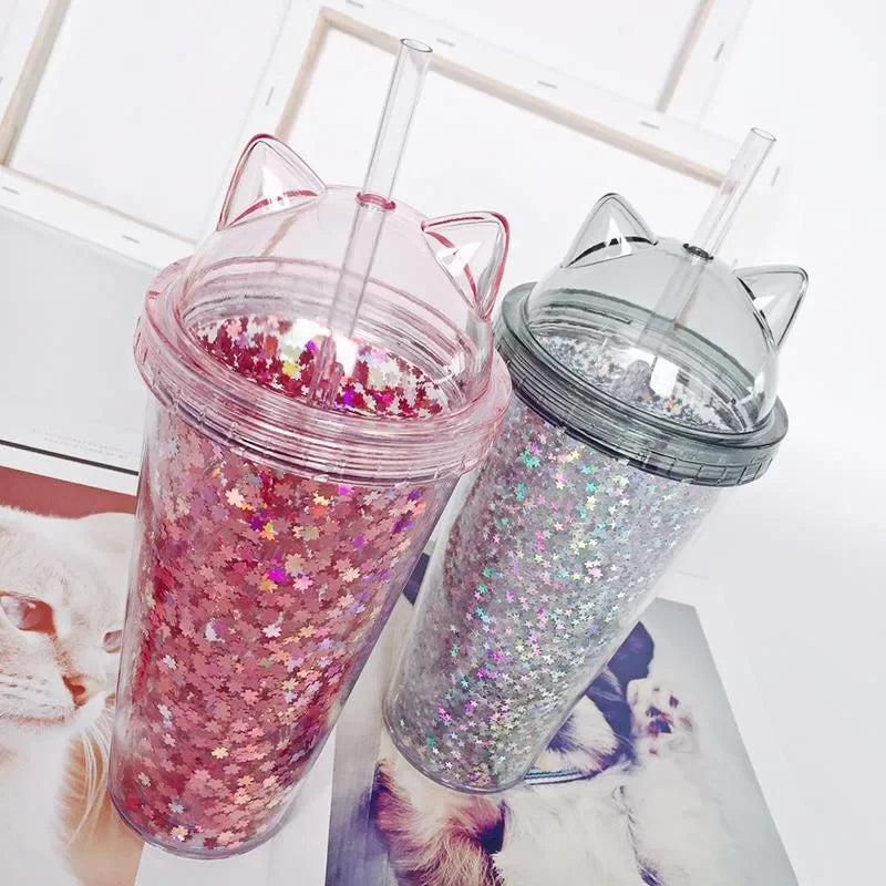 Cat Ear Glitter Water Tumbler With Straw