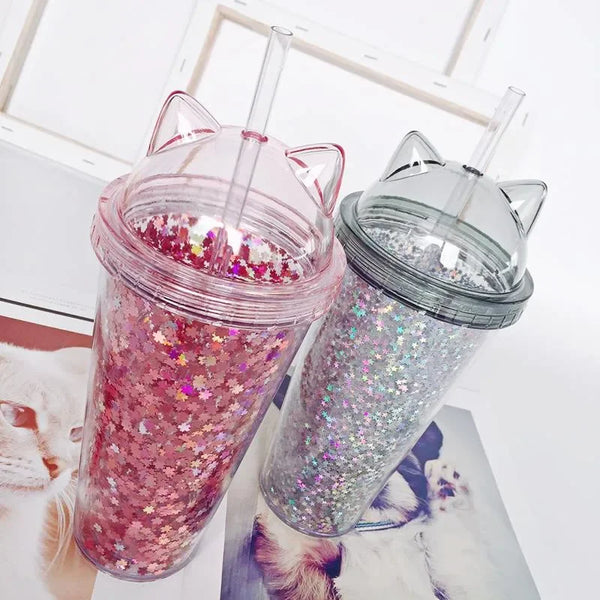 Cat Ear Sequined Water Tumbler With Straw