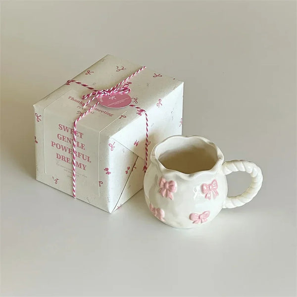 Handmade Irregular Mug, Pink Three-dimensional Bow Coffee Cup, Artistic Niche Mug Gift Ceramic Water Cup My Addiction