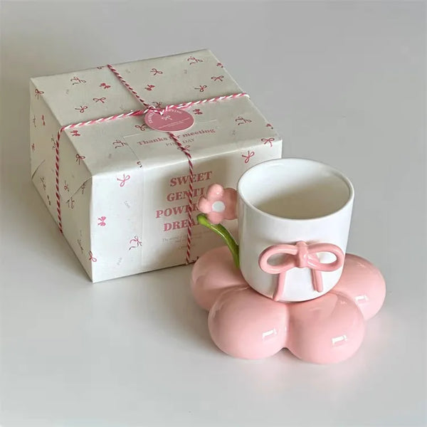 Handmade Irregular Mug, Pink Three-dimensional Bow Coffee Cup, Artistic Niche Mug Gift Ceramic Water Cup My Addiction