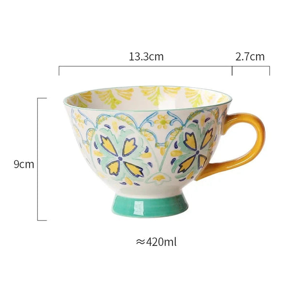 420ml Ceramic Cup Hand Painted Floral Pattern Retro Creative Coffee Mug for Latte Water Restaurant Office Gift for Family Friend My Addiction