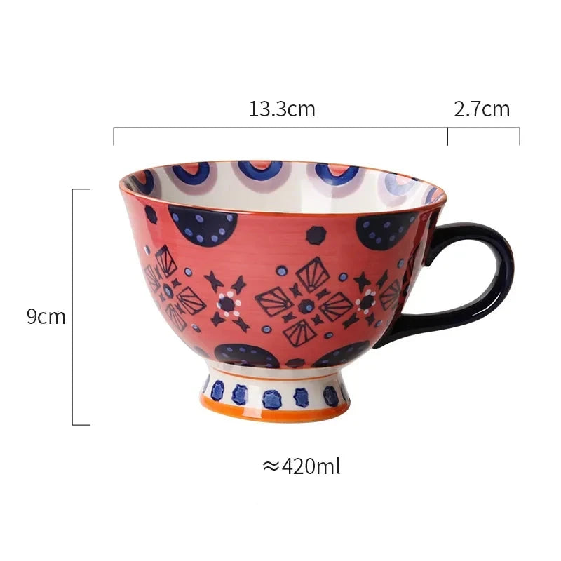 420ml Ceramic Cup Hand Painted Floral Pattern Retro Creative Coffee Mug for Latte Water Restaurant Office Gift for Family Friend My Addiction