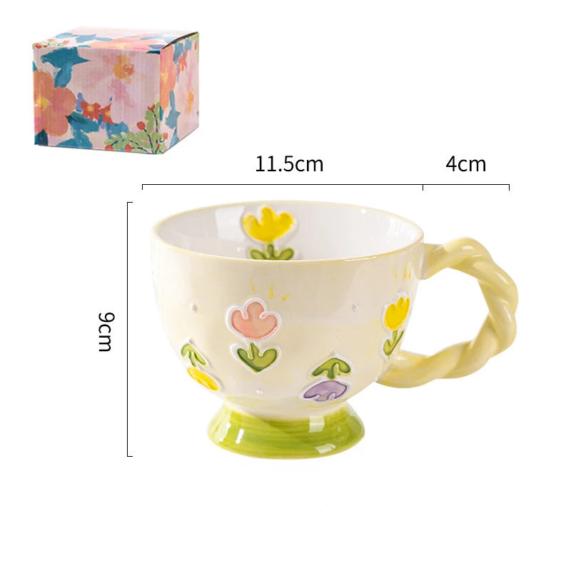1pc 450ml Ceramic Coffee Cups Hand-painted Embossed Breakfast Oatmeal Milk Mug Cute Creative Household Office Water Cup Gifts My Addiction