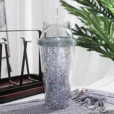 Cat Ear Glitter Water Tumbler With Straw