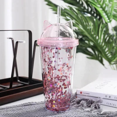 Cat Ear Glitter Water Tumbler With Straw