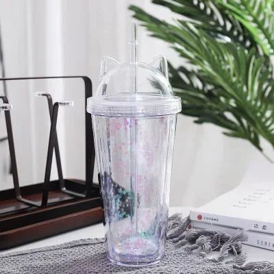 Cat Ear Glitter Water Tumbler With Straw